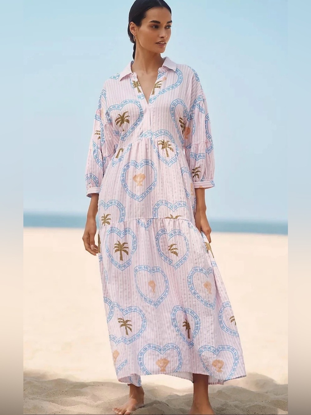 Anthropologie Pink Heart & Palm-Print Maxi Cover-Up